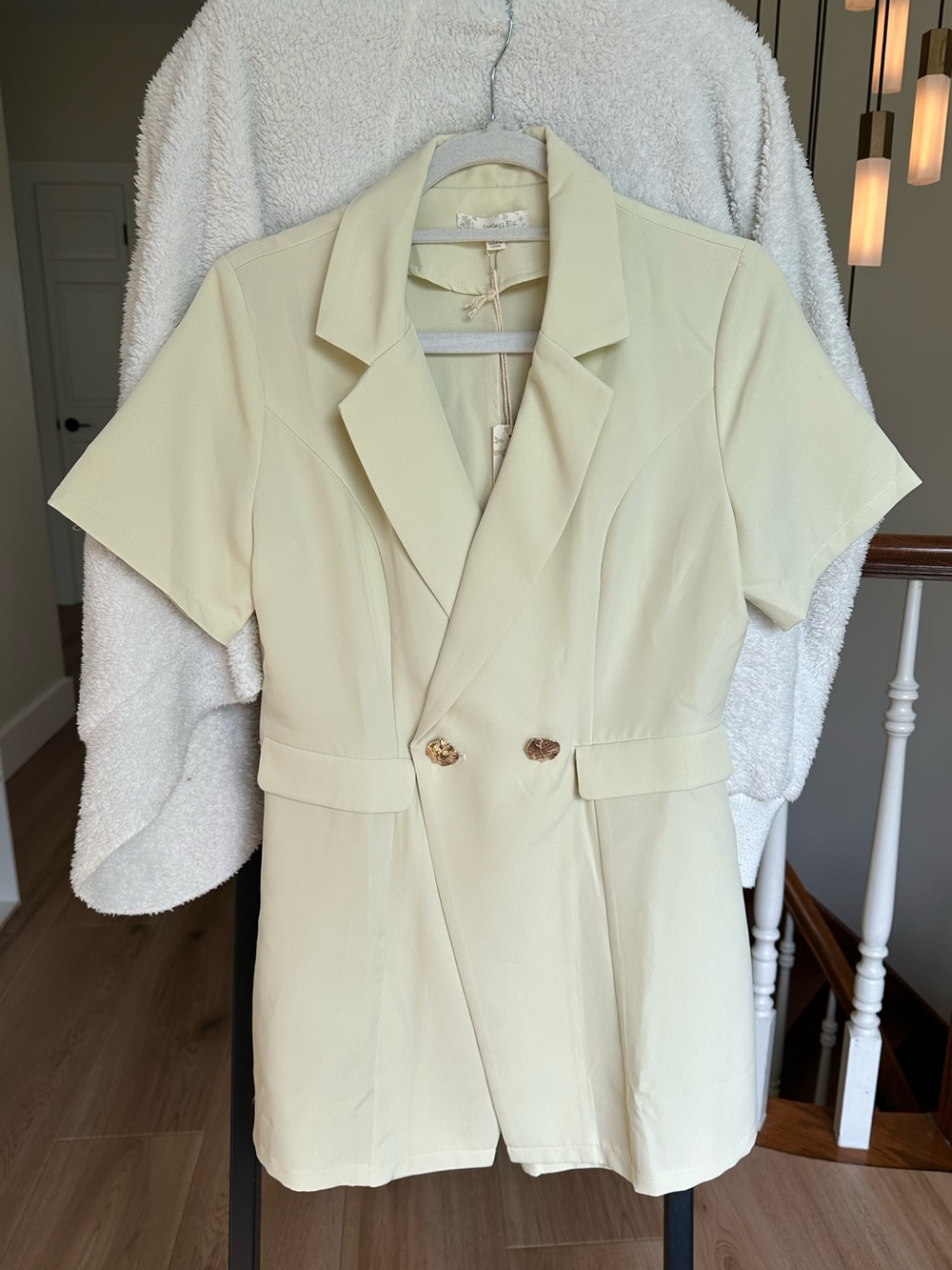Short-Sleeve Double-Breasted Jumpsuit Romper in Pale Yellow